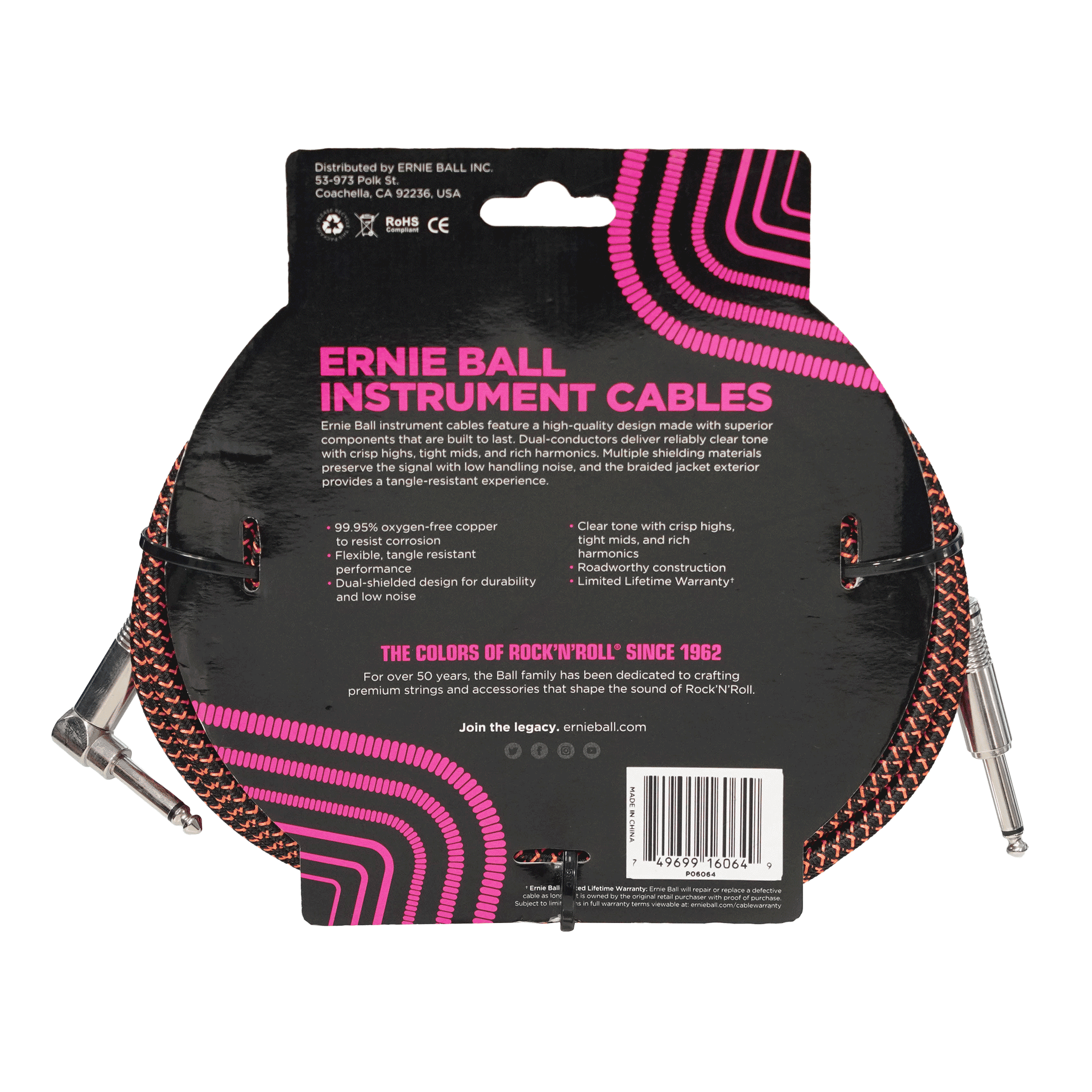 ErnieBall 信頼感抜群のギターケーブル【EB 6064 GT CABLE 25' SL BKOR】