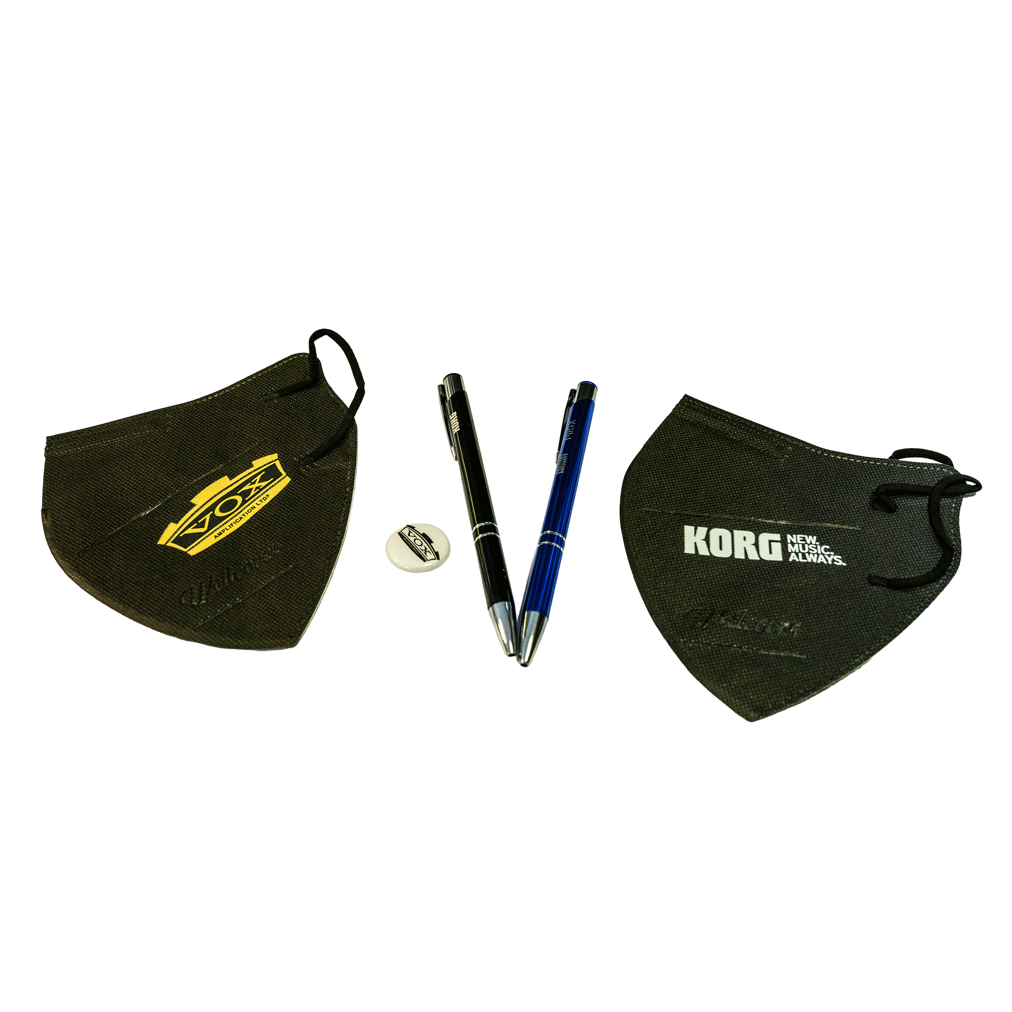 KORG、VOX レア小物セット　【NTS-2基板手帳、ファッションマスク＊２種、缶バッチ、ロゴ入りボールペン２本】